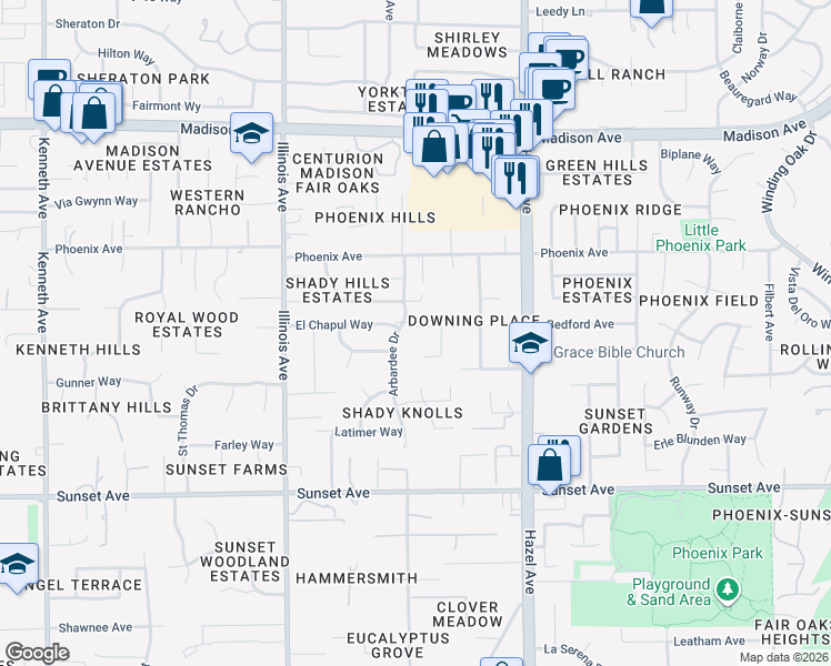 map of restaurants, bars, coffee shops, grocery stores, and more near 8806 Villa Campo Way in Fair Oaks