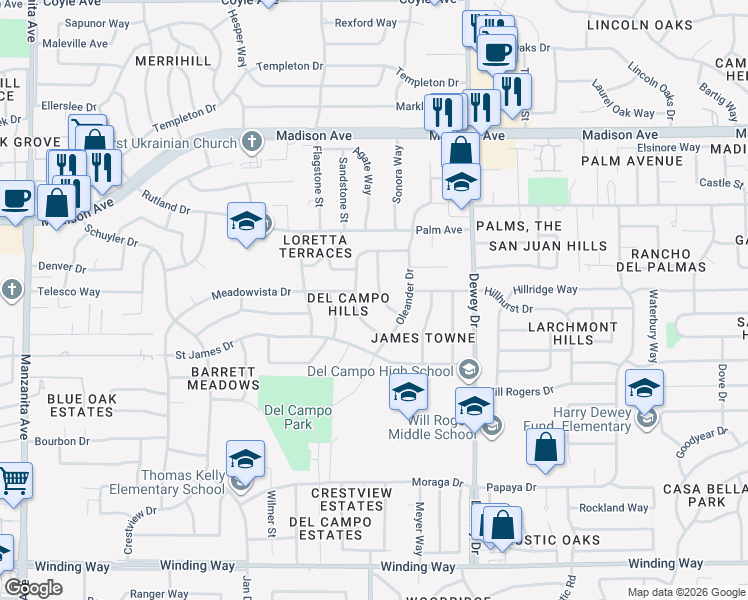 map of restaurants, bars, coffee shops, grocery stores, and more near 5131 Kipp Way in Carmichael