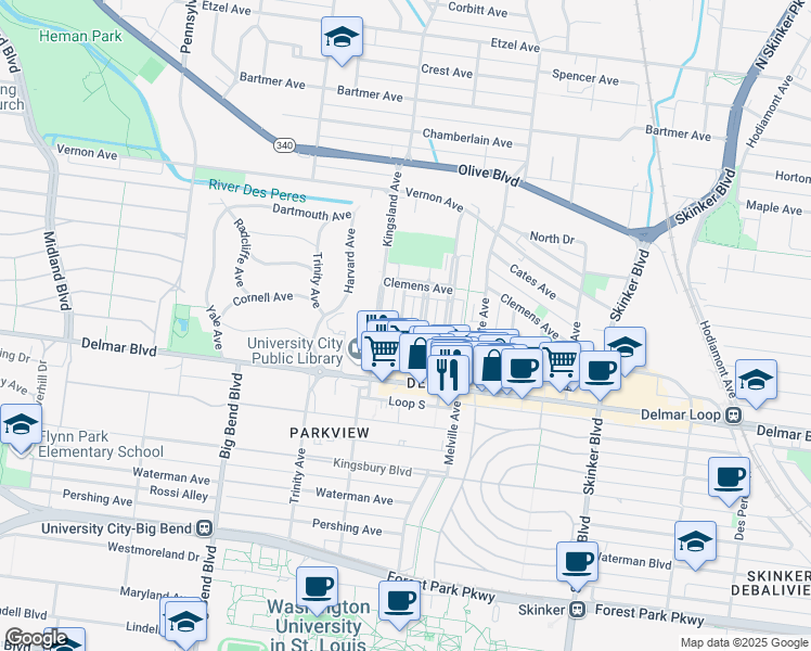 map of restaurants, bars, coffee shops, grocery stores, and more near 734 Syracuse Avenue in University City