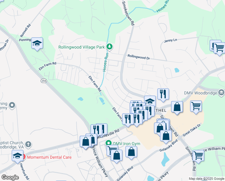 map of restaurants, bars, coffee shops, grocery stores, and more near 3505 Belfry Lane in Woodbridge