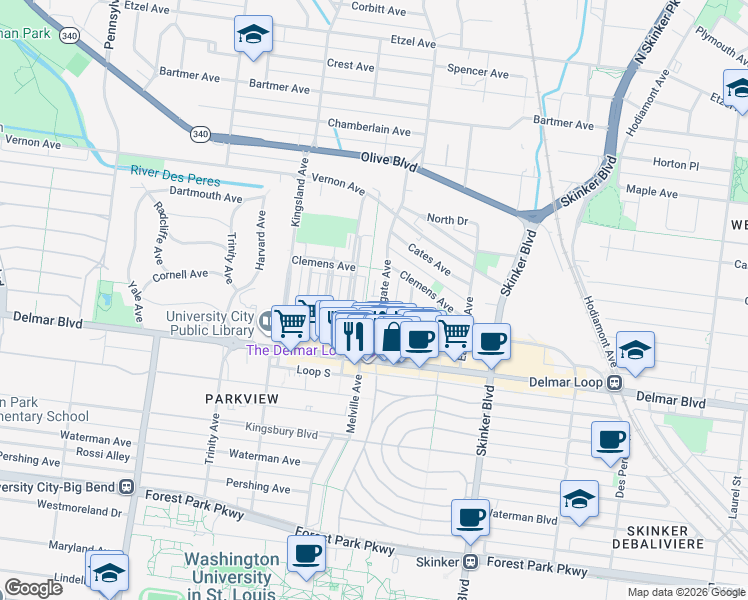 map of restaurants, bars, coffee shops, grocery stores, and more near 735 Westgate Avenue in University City