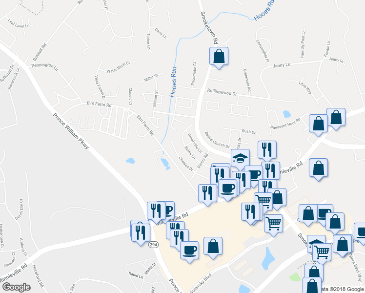 map of restaurants, bars, coffee shops, grocery stores, and more near 3505 Belfry Lane in Woodbridge