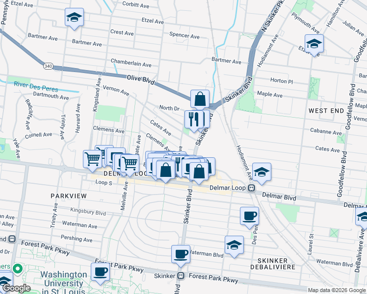 map of restaurants, bars, coffee shops, grocery stores, and more near 800 Eastgate Avenue in Saint Louis