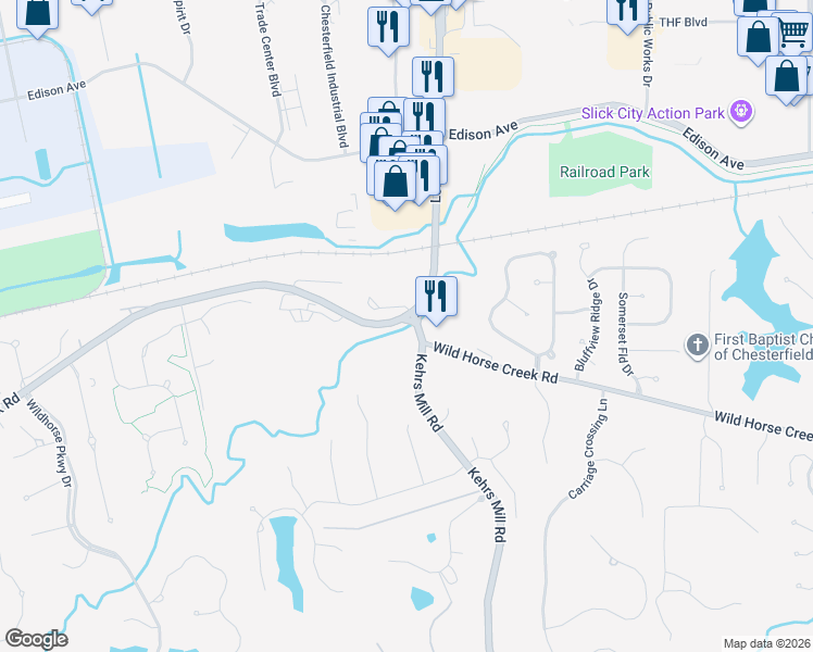 map of restaurants, bars, coffee shops, grocery stores, and more near 17315 Wild Horse Creek Road in Chesterfield