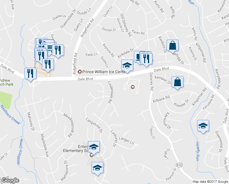 map of restaurants, bars, coffee shops, grocery stores, and more near 13615 Lindendale Road in Woodbridge