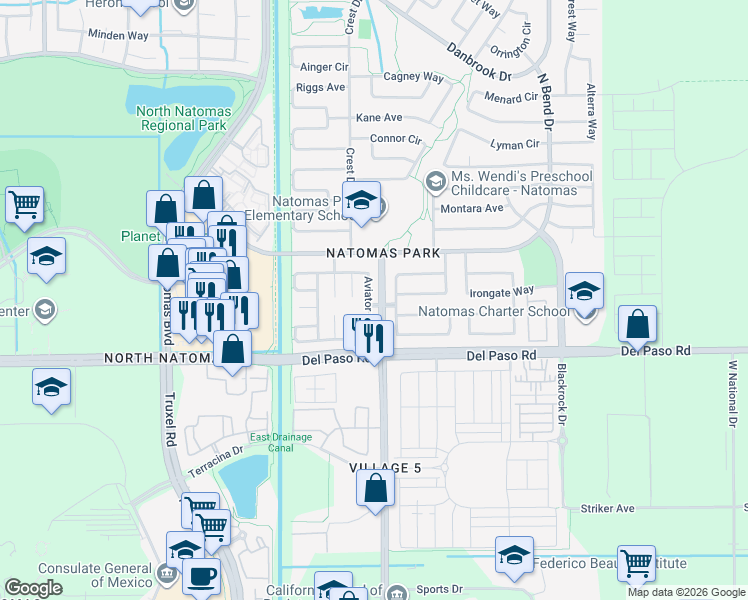 map of restaurants, bars, coffee shops, grocery stores, and more near 100 Aviator Circle in Sacramento