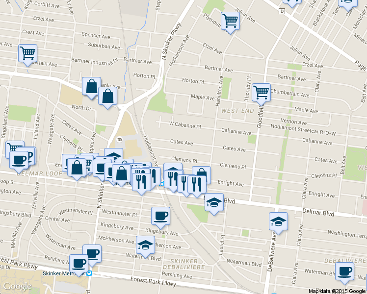 map of restaurants, bars, coffee shops, grocery stores, and more near 5968 Cates Avenue in Saint Louis