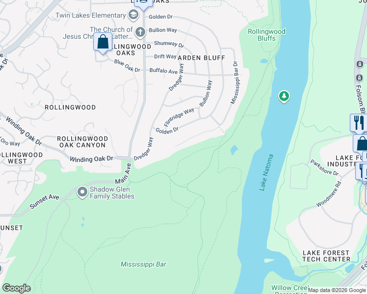 map of restaurants, bars, coffee shops, grocery stores, and more near 5132 Mississippi Bar Drive in Orangevale