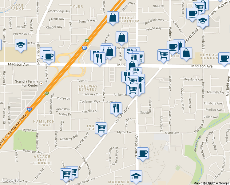 map of restaurants, bars, coffee shops, grocery stores, and more near 4735 Bremner Way in Sacramento