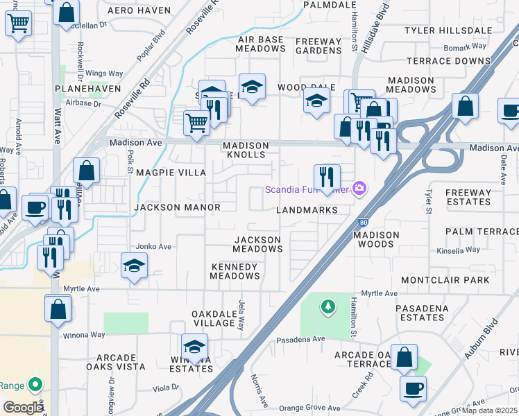 map of restaurants, bars, coffee shops, grocery stores, and more near 4022 Tresler Avenue in North Highlands