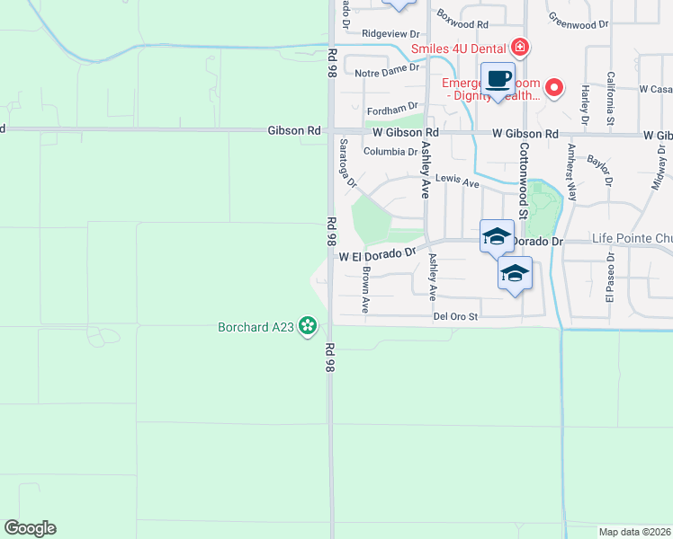 map of restaurants, bars, coffee shops, grocery stores, and more near 19380 County Road 98 in Woodland