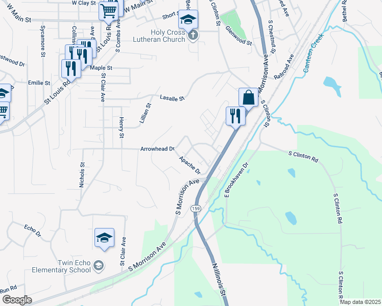 map of restaurants, bars, coffee shops, grocery stores, and more near 1102 Arrowhead Drive in Collinsville