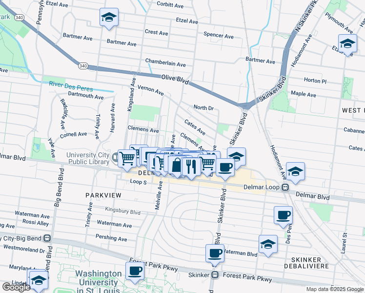 map of restaurants, bars, coffee shops, grocery stores, and more near in University City