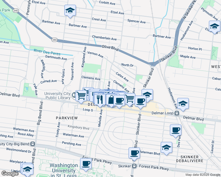 map of restaurants, bars, coffee shops, grocery stores, and more near 735 Westgate Avenue in University City