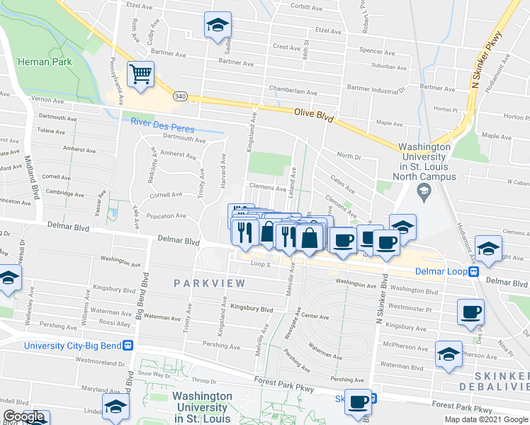 map of restaurants, bars, coffee shops, grocery stores, and more near 734 Syracuse Avenue in University City