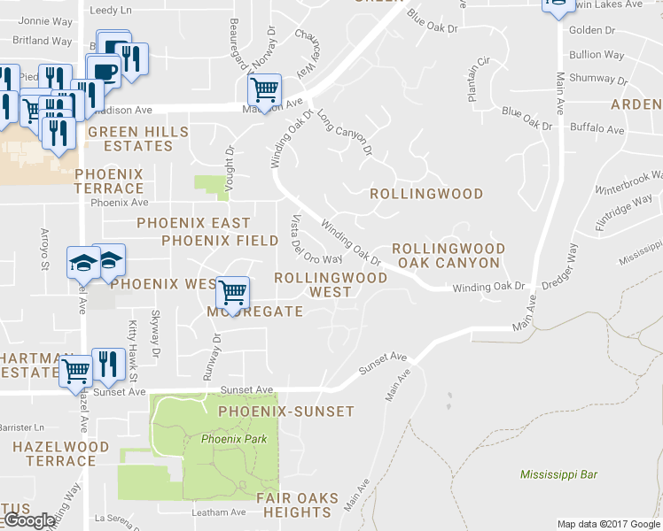 map of restaurants, bars, coffee shops, grocery stores, and more near 5025 Vista Del Oro Way in Fair Oaks