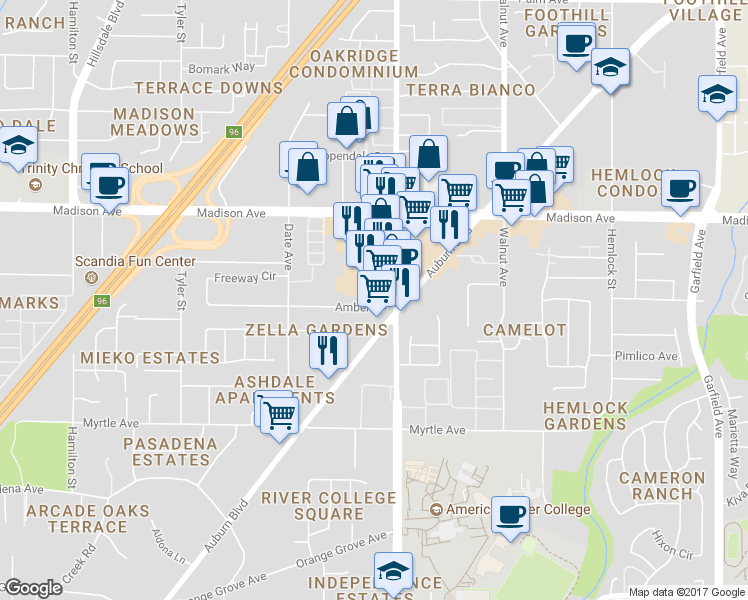 map of restaurants, bars, coffee shops, grocery stores, and more near 4837 Amber Ln in Sacramento