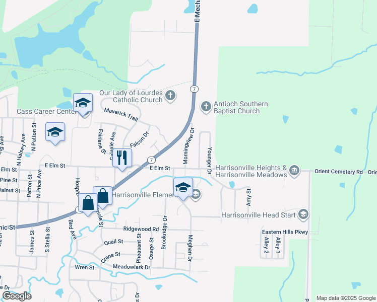 map of restaurants, bars, coffee shops, grocery stores, and more near 613 Morningview Street in Harrisonville