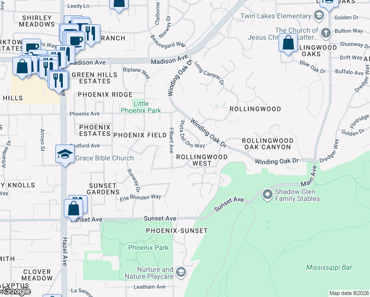 map of restaurants, bars, coffee shops, grocery stores, and more near 5119 Vista Del Oro Way in Fair Oaks