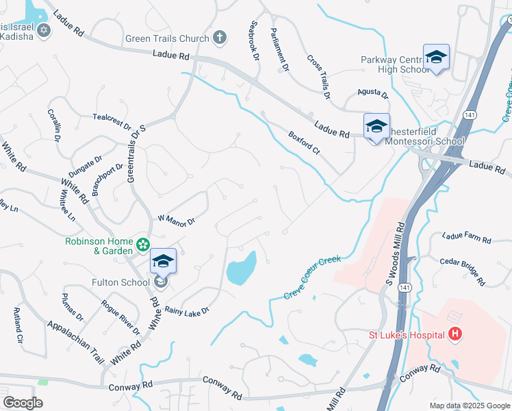 map of restaurants, bars, coffee shops, grocery stores, and more near 14210 Reelfoot Lake Drive in Chesterfield