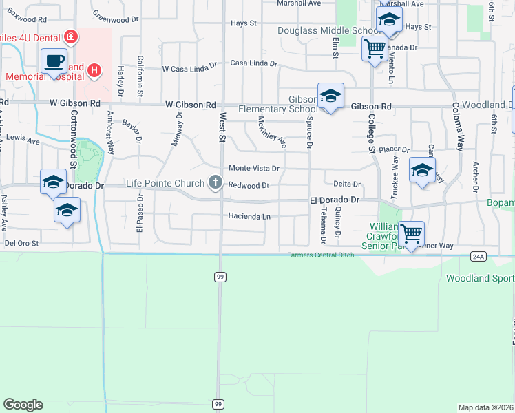 map of restaurants, bars, coffee shops, grocery stores, and more near 104 El Dorado Drive in Woodland