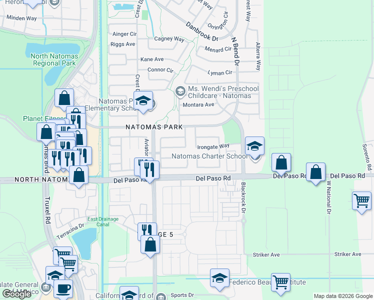 map of restaurants, bars, coffee shops, grocery stores, and more near 1800 Clayton Way in Sacramento