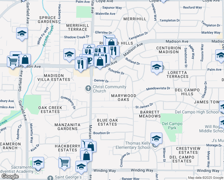 map of restaurants, bars, coffee shops, grocery stores, and more near 6016 Telesco Way in Carmichael