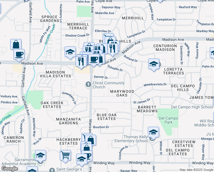 map of restaurants, bars, coffee shops, grocery stores, and more near 6016 Telesco Way in Carmichael