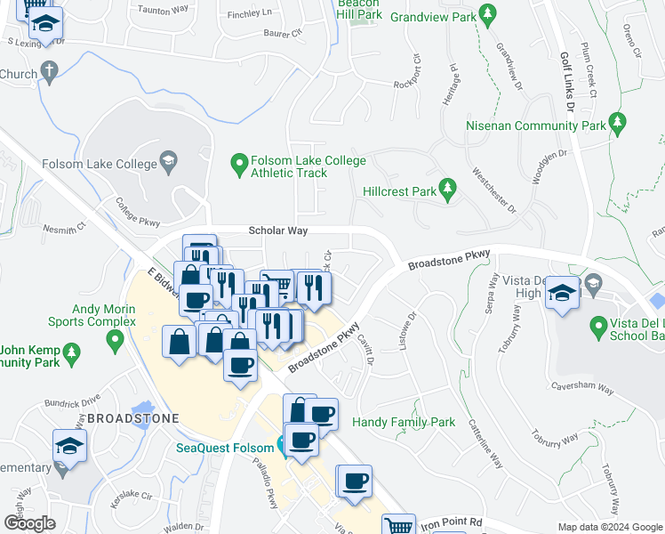 map of restaurants, bars, coffee shops, grocery stores, and more near 550 Hillswick Circle in Folsom
