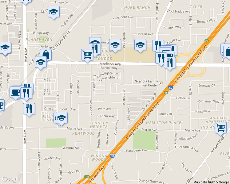 map of restaurants, bars, coffee shops, grocery stores, and more near 4022 Tresler Avenue in North Highlands