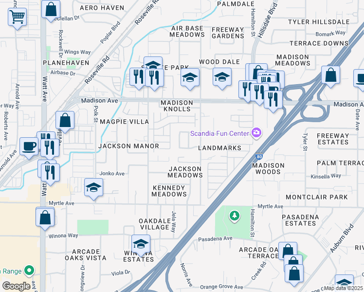 map of restaurants, bars, coffee shops, grocery stores, and more near 4022 Tresler Avenue in North Highlands
