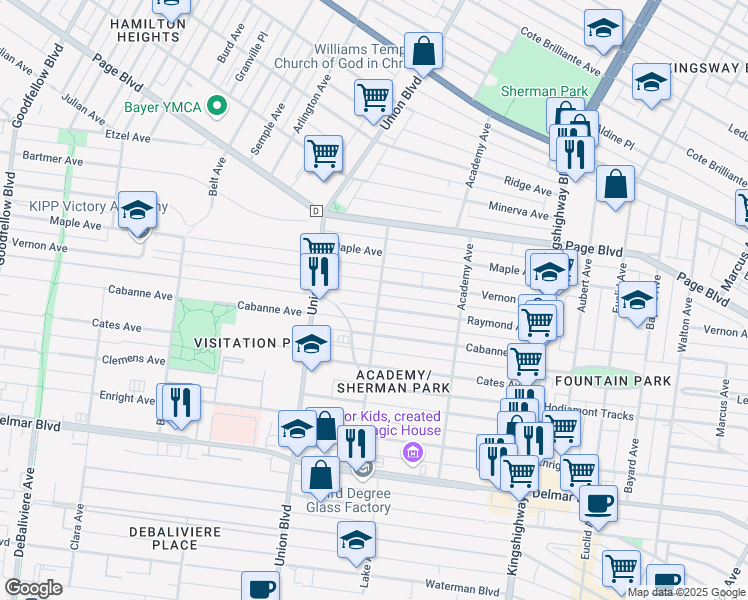map of restaurants, bars, coffee shops, grocery stores, and more near 5201 Raymond Avenue in St. Louis
