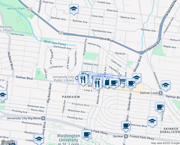 map of restaurants, bars, coffee shops, grocery stores, and more near 739 Heman Avenue in St. Louis
