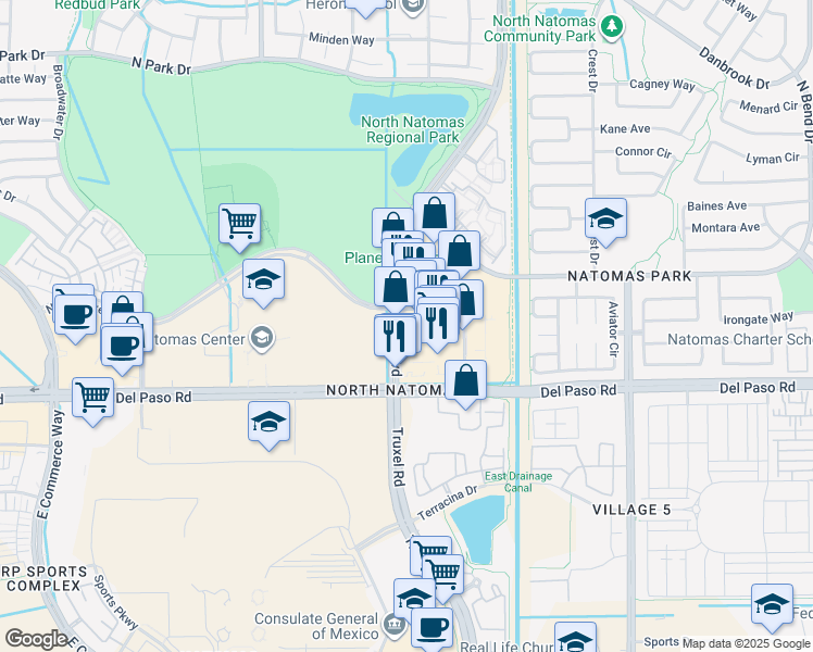 map of restaurants, bars, coffee shops, grocery stores, and more near 4704 Natomas Boulevard in Sacramento
