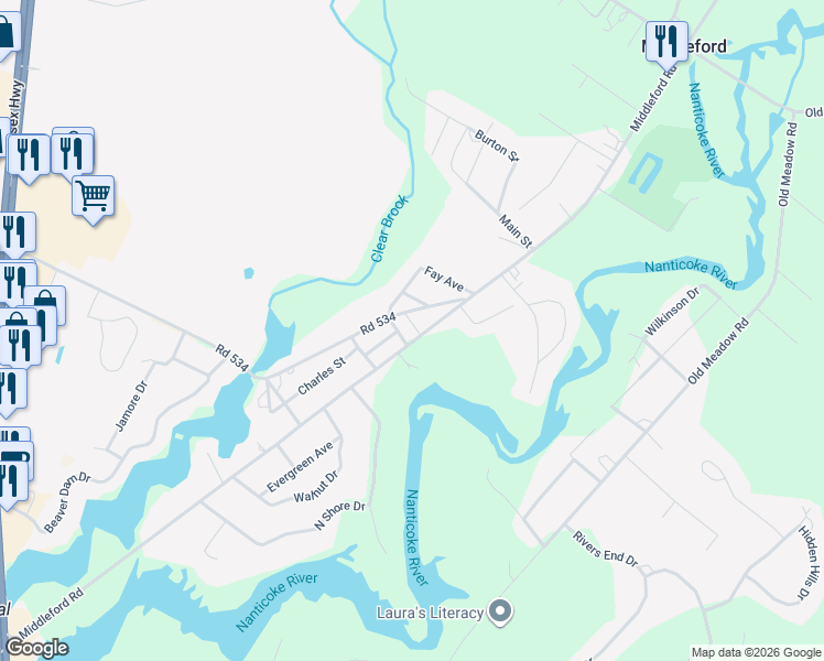 map of restaurants, bars, coffee shops, grocery stores, and more near 9651 Middleford Road in Seaford