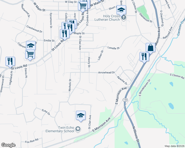 map of restaurants, bars, coffee shops, grocery stores, and more near 602 Arrowhead Drive in Collinsville