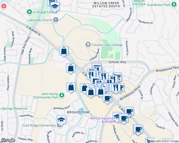 map of restaurants, bars, coffee shops, grocery stores, and more near 75 Scholar Way in Folsom