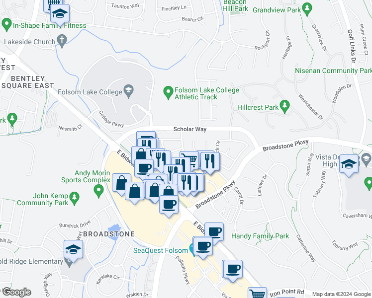 map of restaurants, bars, coffee shops, grocery stores, and more near 1542 Latherton Way in Folsom