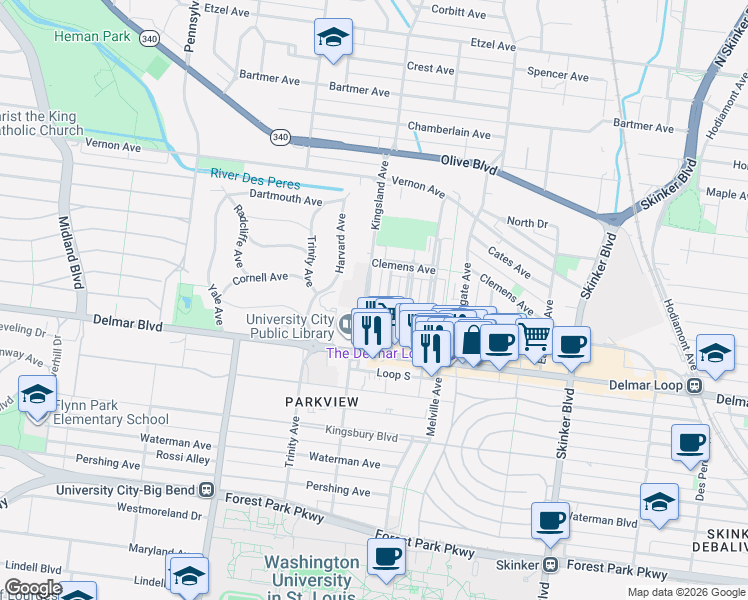 map of restaurants, bars, coffee shops, grocery stores, and more near 734 Syracuse Avenue in University City