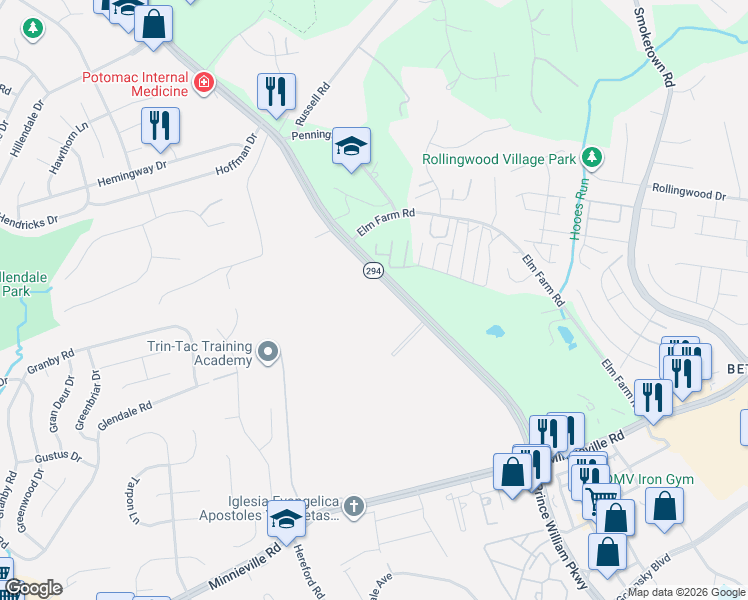 map of restaurants, bars, coffee shops, grocery stores, and more near 13630 Cobble Loop in Woodbridge