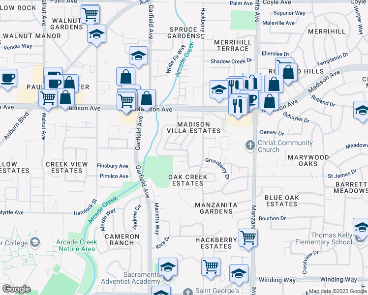 map of restaurants, bars, coffee shops, grocery stores, and more near 5050 Rhode Island Drive in Sacramento