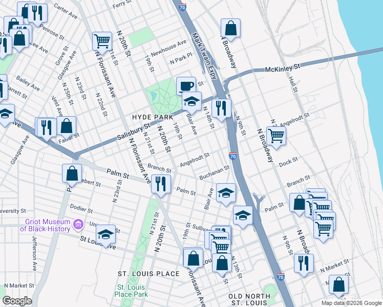 map of restaurants, bars, coffee shops, grocery stores, and more near 1515 Angelrodt Street in St. Louis