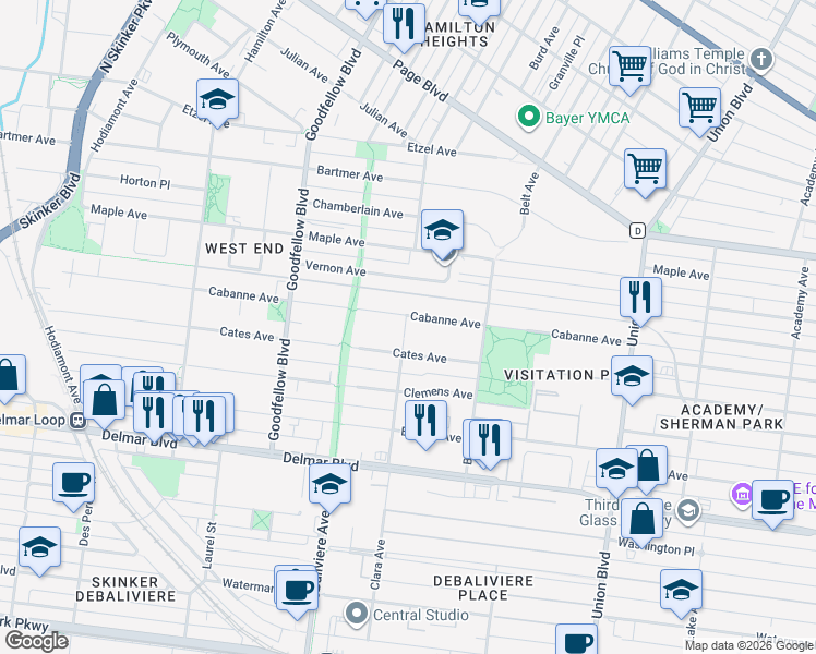 map of restaurants, bars, coffee shops, grocery stores, and more near 5582 Cabanne Avenue in St. Louis