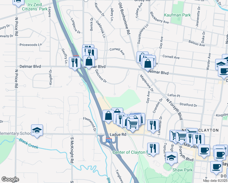 map of restaurants, bars, coffee shops, grocery stores, and more near 4 Delcrest Court in St. Louis