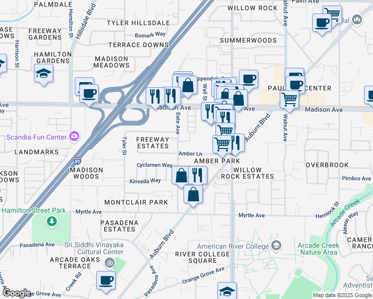 map of restaurants, bars, coffee shops, grocery stores, and more near 4709 Amber Lane in Sacramento