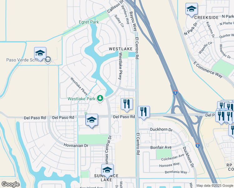 map of restaurants, bars, coffee shops, grocery stores, and more near 4800 Westlake Parkway in Sacramento