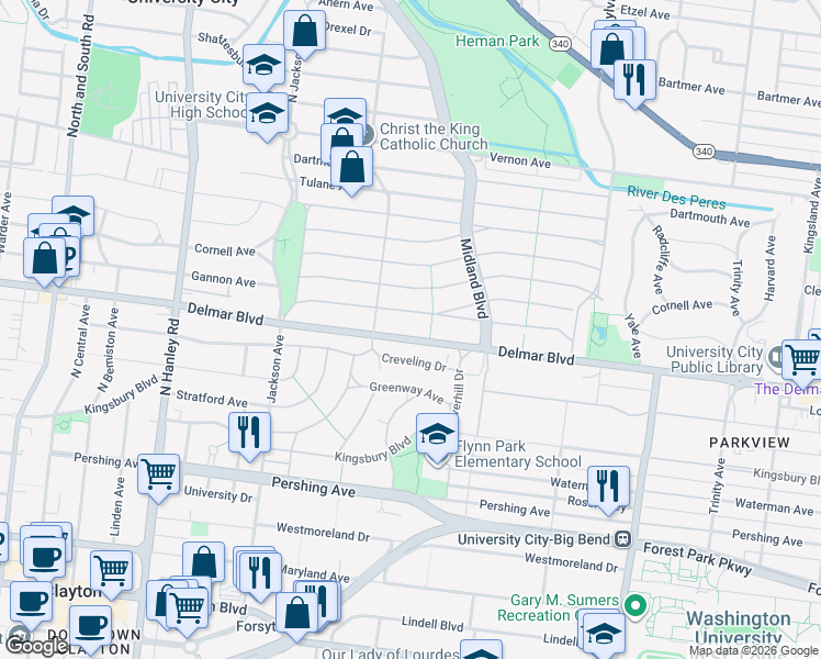 map of restaurants, bars, coffee shops, grocery stores, and more near 7265 Delmar Boulevard in University City