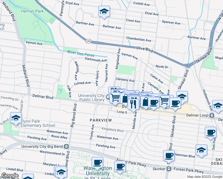 map of restaurants, bars, coffee shops, grocery stores, and more near 723 Kingsland Avenue in University City