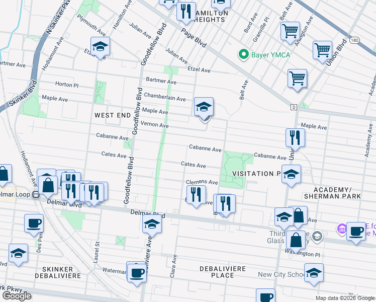 map of restaurants, bars, coffee shops, grocery stores, and more near 5582 Cabanne Avenue in St. Louis