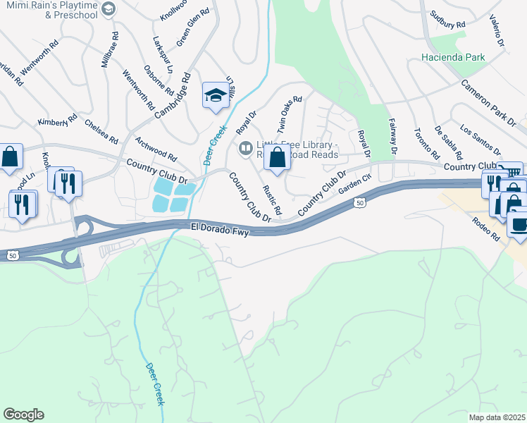 map of restaurants, bars, coffee shops, grocery stores, and more near 2953 Country Club Drive in Cameron Park